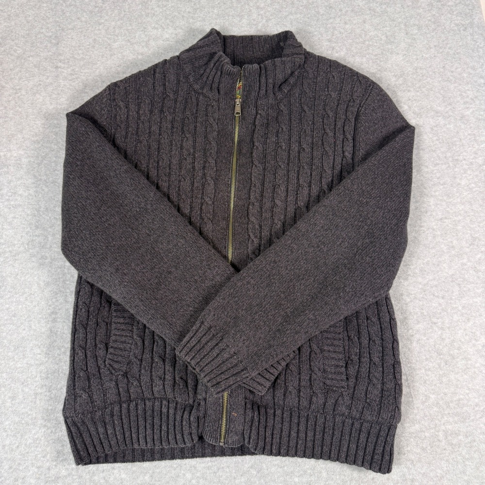 Boston Traders Fleece Lined Sweater Mens Large Brown Cable Knit Full Zip Jacket